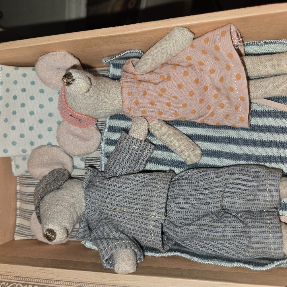 Adorable Maileg Mouse Toy Set with Polka Dot Dress and Striped Pajamas